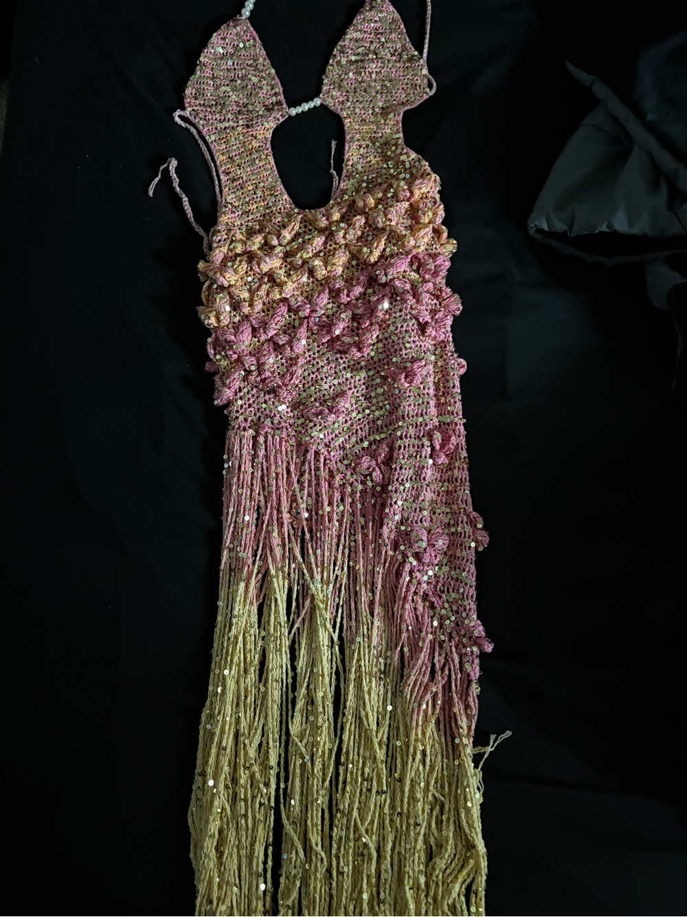 Handcrafted Pink and Gold Backless Crochet Fringe Dress